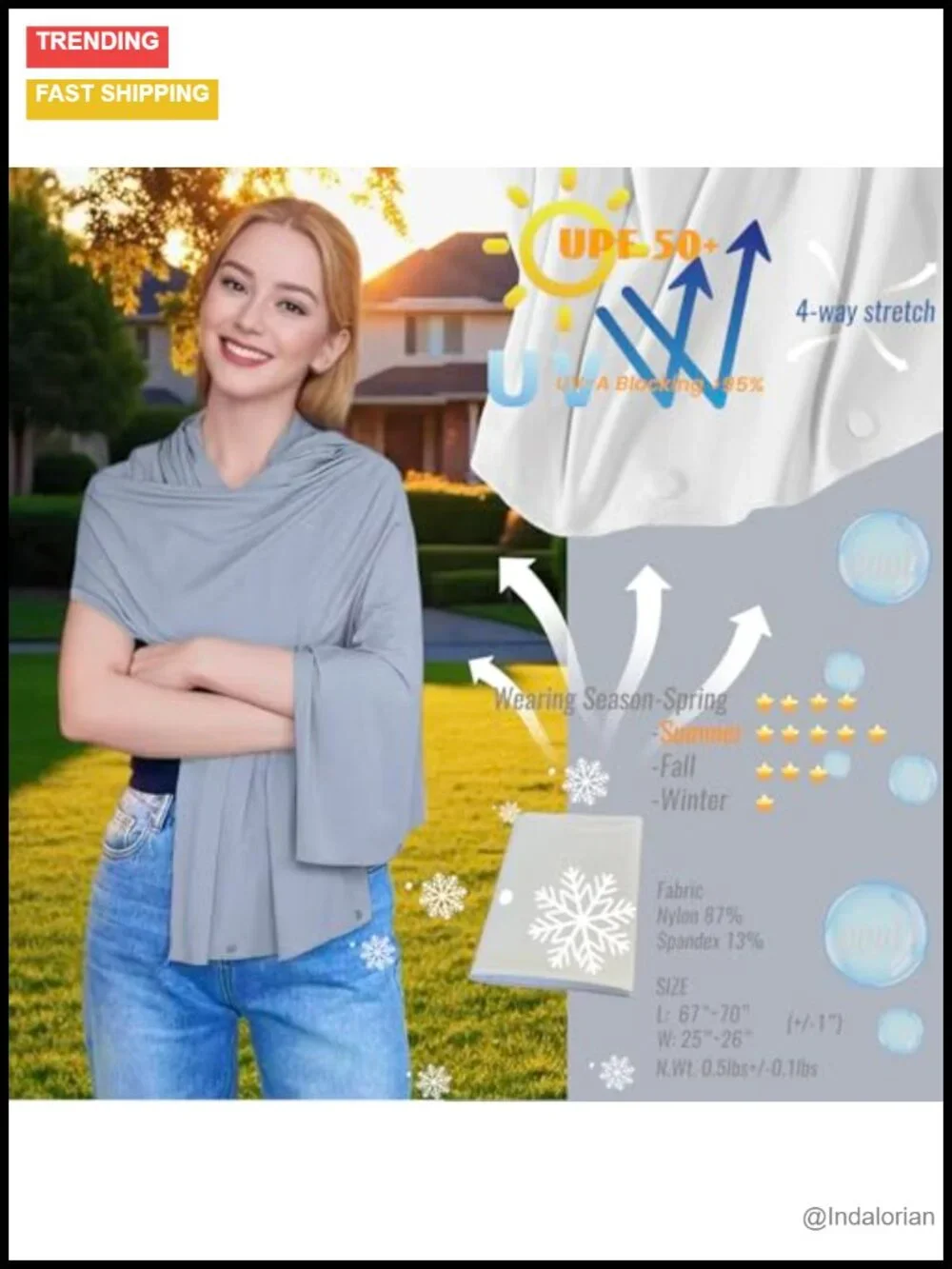 UPF 50+ Sun Shawl Ice Silk Cooling Convertible UV Scarf Snaps Packable